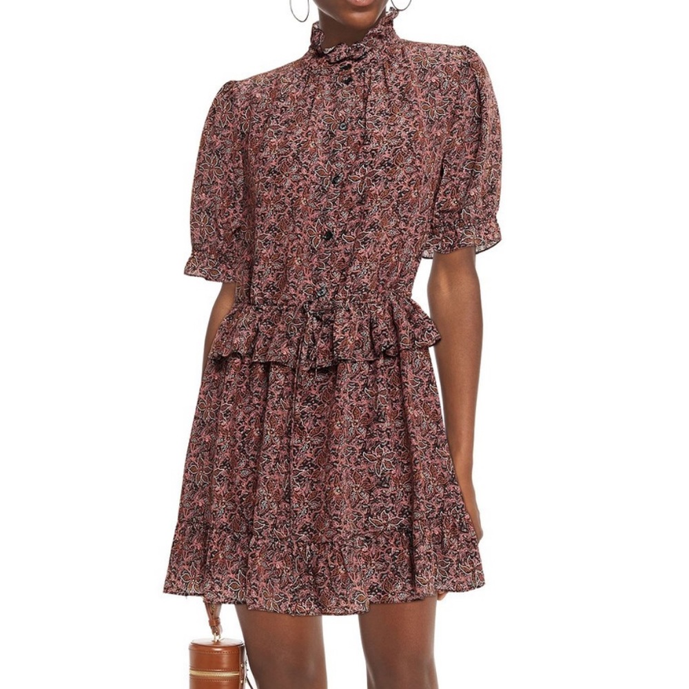 Vanessa Bruno Ruffle-trimmed gathered printed silk crepe de chine mini dress 38